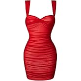 LAGSHIAN Women's Summer Sexy Bodycon Sleeveless Tank Straps Mesh Ruched Mini Party Dress