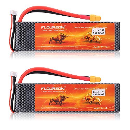 FLOUREON 3S 11.1V Lipo 5500mAh 35C Lipo Battery with XT60 Plug for 1/8 & 1/10 rc car, Traxxas Slash, Slash 4x4, emaxx, Bandit, rustler, Stampede 4x4,Monster jam replicas, Electric Buggy (2pack)