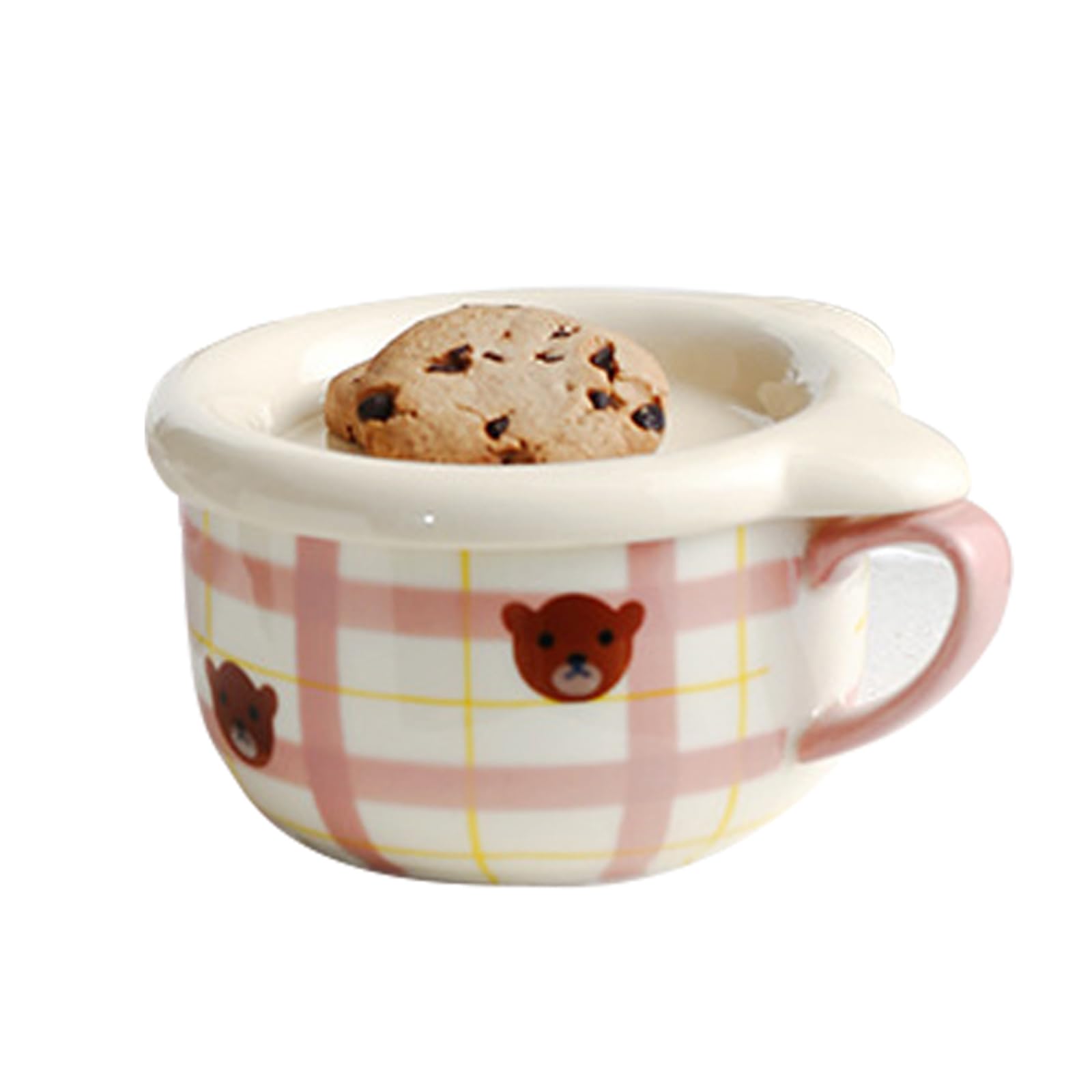 Soulnioi Ceramic Coffee Mug, Cute Bear Cappuccino Cup with Lid, 400ML Breakfast Oatmeal Cup Tea Milk Cup for Gift - Pink
