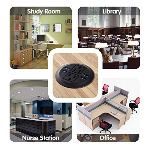 Desk Power Grommet Outlet with USB, Recessed Power Strip Receptacle Outlet, Plug-in 2 Plug Connect 6.5 ft Extension Cord Suitable Furniture Conference Room Office Kitchen Table