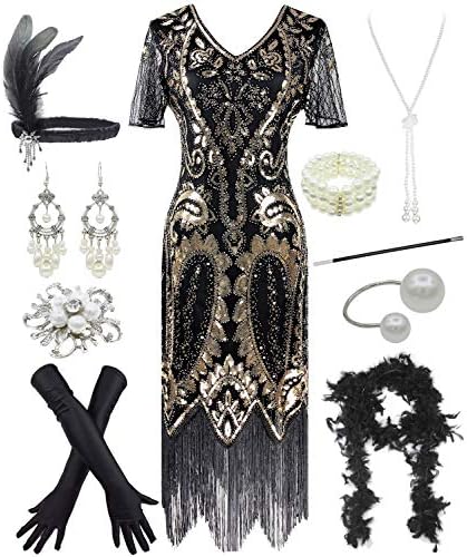 レディース 19年代 ギャツビー ヴィンテージ スパンコール フラッパー フリンジ パーティードレス 年代のアクセサリーセット付き