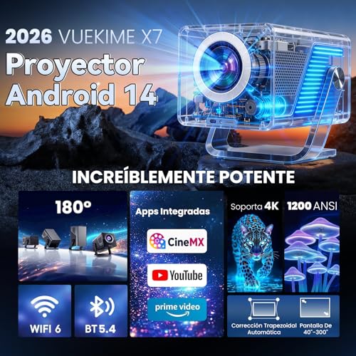 VUEKIME 2026 X7 Proyector Portátil 4K con Android 14, 1200 ANSI, WiFi 6 y Bluetooth 5.4, Proyector Smart 1080P Nativo con Auto Focus, Corrección Trapezoidal, Soporte 180°, HDMI ARC, Pantalla 50”-300”