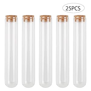 DEPEPE 25pcs 45ml Glass Test Tubes 25x140mm(0.98 x 5.51 inches) with Cork Stoppers, as Bath Salt Containers, for Scientific Experiments, Party Decorations, Candy Storage