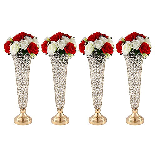 20 Inch Tall Gold Vase Crystal Flower Arrangement Stand for Wedding Celebration Desktop Decoration Centerpiece, Trumpet-Shaped Vase for Party, Anniversary, Birthday, Home Décor (4pcs)