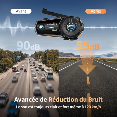 Fodsports FX8 Pro Casque Intercom Moto Bluetooth, Contrôle par Application, 7 Langues Vocales, Musique et Intercom Simultanés, Communication pour 10 Motards, Partage de Musique, Radio FM(1 Unité)
