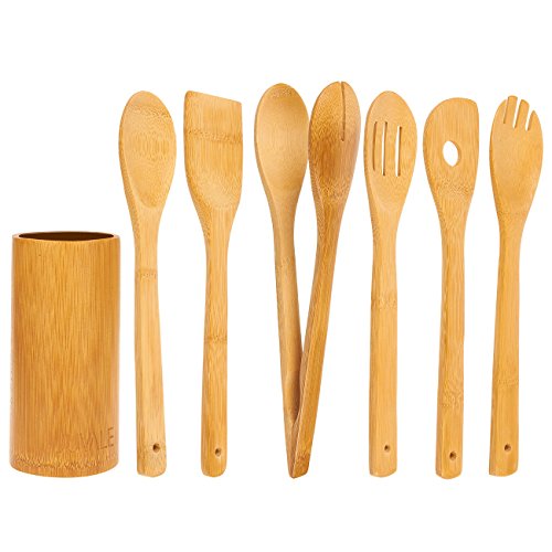 7-Piece Set of Bamboo Cooking Utensils - Cooking Utensils Kitchen Set - Includes Solid Turner, Serving Spork, Slotted Spoon, Solid Spoon, Tong, Spatula with Hole, and Utensil Holder, Brown