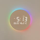 mooas Full Moon Aurora Nightlight LED Wall Clock, Temperature &amp; Humidity | Silent Wooden Digital Wall Clock, Remote Control, 12 Moodlight Colors, Sunrise Alarm Melody, Auto Brightness Control