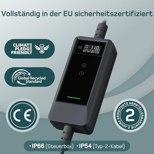 dé Mobile Wallbox 11 kW with App [10 m | 3-Phase | 6-16 A], Charging Cable E Car CEE-16A 400V to Type 2 with Adjustable Charging Power, EV Charger for ID.3/4/5/7, IX1, Model 3/Y and Other BEV/PHEV