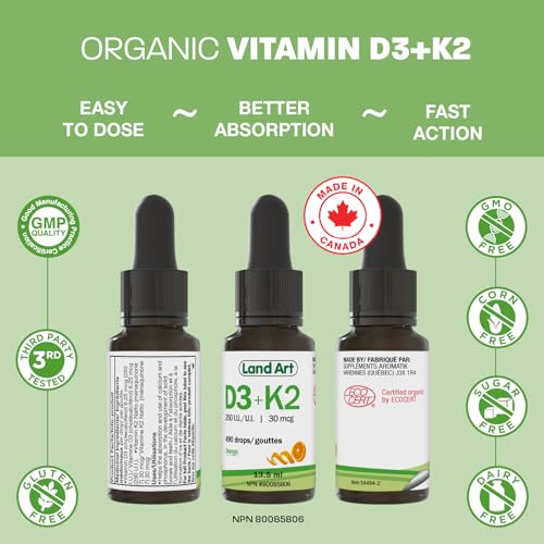 Certified Organic Vitamin D3 & K2 (MK7-Natto) - Bones & Immune Support Drops - Non-GMO - Gluten-Free - Fast Absorption - Liquid Supplement - Made in Canada - 490 Drops - 13.5 ml (Pack of 2)