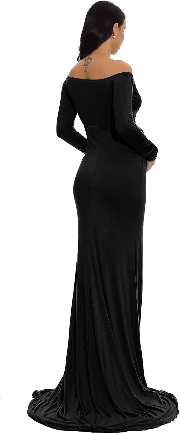 ZIUMUDY Maternity Fitted Gown V Neck Ruched Off Shoulder Long Sleeve Maxi Photography Dress at  Women’s Clothing store