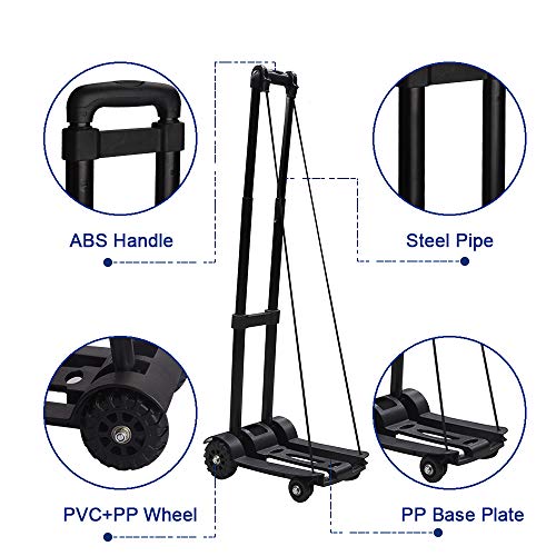 WOHOME Portable Folding Hand Truck, Hand Cart 150 lb Capacity with 4 Wheels for Luggage, Travel, Moving, Shopping, Office Use