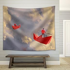Illustration - Men on Origami Red Paper Boats Floating in The Cloudy Sky,Illustration Painting - Fabric Wall Tapestry Home Decor - 51x60 inches