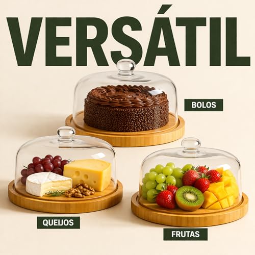 Porta Bolo com Tampa Acrílica 28cm, Boleira de Bambu Redonda | Porta Torta e Doces, Cúpula Transparente
