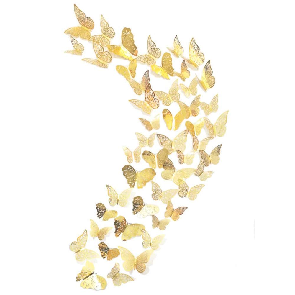 48Pcs Butterfly Decorations, Creatiee 3D Wall Decals Metallic Art Sticker|DIY/Handmade/Removable/Pressure Resistance Paper Murals Gift for Home Kids/Girls Bedroom Nursey Party Décor (Gold)