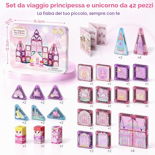 YOGOHEE Magnetic Travel Bricks for Girls: 42 Pieces Princess and Unicorn Tiles in Portable Metal Box as Mobile Building Platform for Car, Plane, Train, Toy