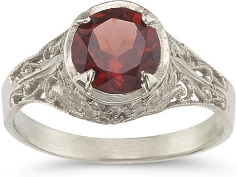 Victorian Floral Garnet Ring in 14K White Gold