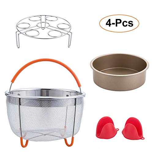 E-Gtong 4-PCS Steamer Accessories Set Complete multipurpose kit For Pressure Cooker with Steamer Basket, Non-stick Cake Pan, Egg Steamer Rack and 1 Pair Silicone Cooking Pot Mitts