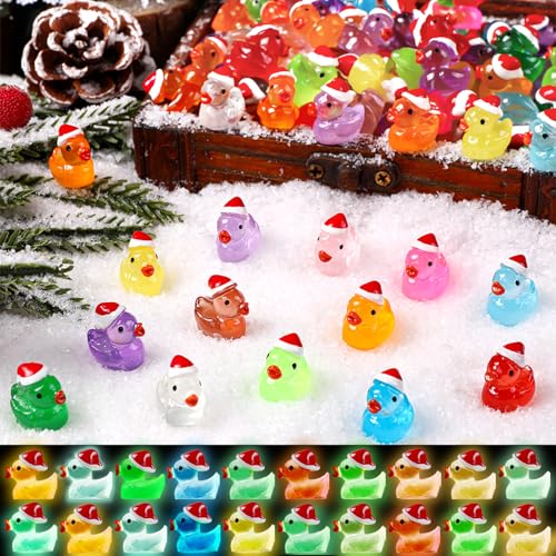 DULEFUN 100pcs Luminous Christmas Mini Ducks Statues, 14 Colors Tiny Small Little Resin Duck to Hide Glow in The Dark Miniatures Xmas Statue for Winter Dollhouse Micro Fairy Garden Decorations