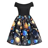 Elfremore Women Planet Print Dress Hepburn Retro Swing Cocktail Dress