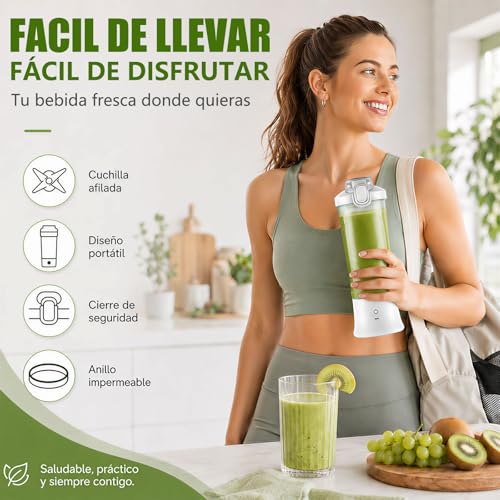 Licuadora Portatil, Licuadora con Bloqueo de Seguridad, 600 ml Licuadora Personal Recargable Adecuada, Blender Adecuada para Viajes y Fitness con Tapa Antiderrames (Blanco)