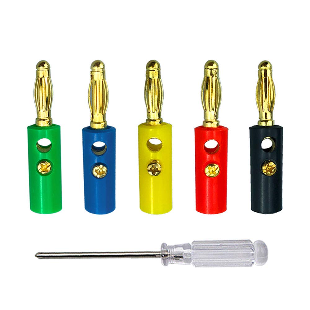 Aiqeer 50 Pcs 4 mm Banana Plug, Gold Plated Banana Plug Connector, Solderless Banana Connector Adapter, for Speaker, Audio/Video Receiver (Red, Yellow, Blue, Green, Black)