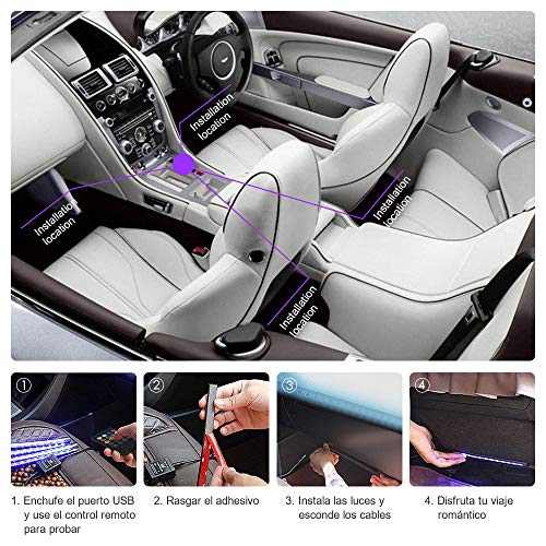 4pcs Tiras LED Coche, bedee Luz Interior Coche 72 Led RGB 5050 Impermeable, el Color de la Decoración de la Lámpara para coche, Multi DIY Color Música Auto Interior Atmósfera Led Iluminación