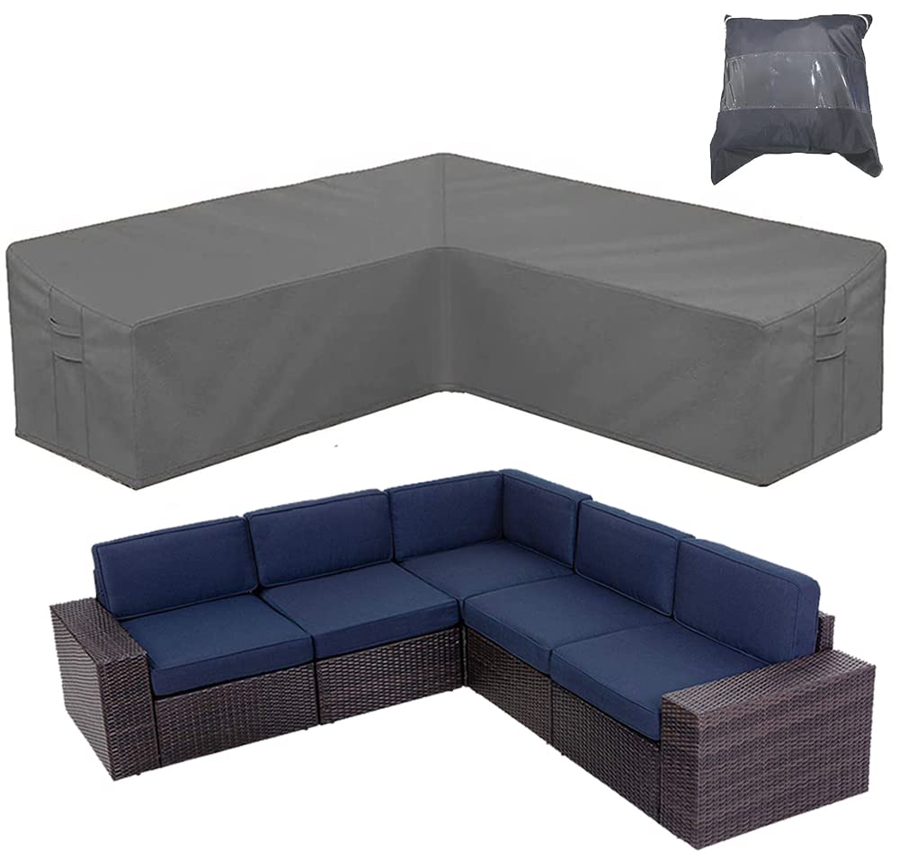 Patio Furniture Sectional Couch Sofa Cover Skyour Gray Weatherproof Heavy Duty 420D Oxford Outdoor L Shaped Sectional Garden Rattan Corner Sofa Furniture Protector Covers (V-Shape: 117x117in)
