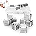 Lebefe Reusable Wine Whisky Chilling Stones Stainless Steel Chiller Cubes with Freezing Storage box and Professional Tongs Set of 9