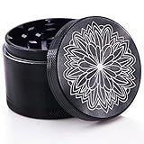 DCOU New Design Premium Aluminium Herb Tobacco Weed Grinder 2.2 Inches 4 Piece Metal Grinder with Pollen Catcher with Laser Flower Pattern Black