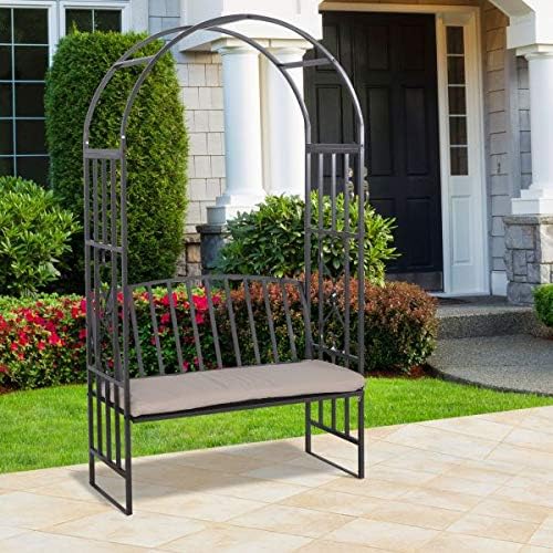 Garden Arbor Arch Bench 2 Comfort Seats with Cushion Plant Climbing Vines Hanging Flower Decorations Party Wedding Decor Black Patio Furniture Outdoor Metal Design