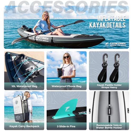 TIDETREK Inflatable Touring Kayak 1-Person & 2-Person with Waterproof Seat & Full Accessory Kit, Lightweight Recreational Kayak for Lake, River & Fishing