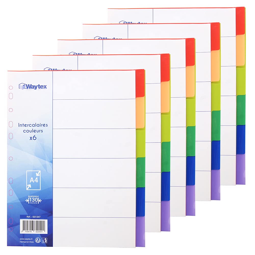 WAYTEX 931347C5 A4 6 Tabs Polypropylene Index Dividers Bright Colours (Pack of 5)