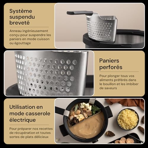 Fondussimo Evolution 3-in-1 Electric Fondue Set with Stainless Steel Fondue Pot 3 L + Ceramic Bowl Bain-Marie – 6 Baskets & 6 Tongs – Adjustable Temperature – 4 to 6 People