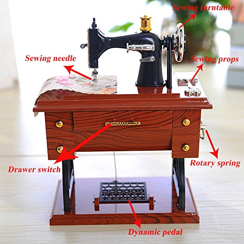 Gbell Mini Vintage Sewing Machine Music Box Toy - Home Table Decoration Ornaments - Mechanical Retro Music Box Christmas Birthday Gift for Kids Girls Boys Adults (Brown) - Thumbnail 3