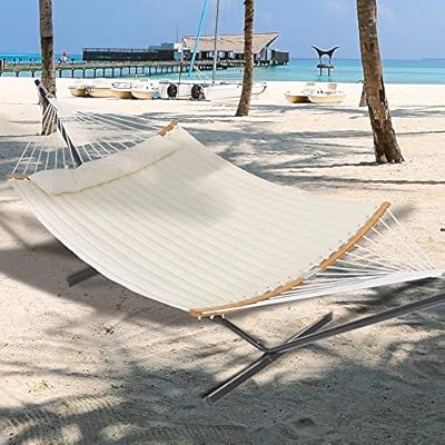 Patio Watcher 11 Feet Quilted Fabric Hammock with Curved-Bar Bamboo and Detachable Pillow, Double Hammock Perfect… 51ibJCXfeOL