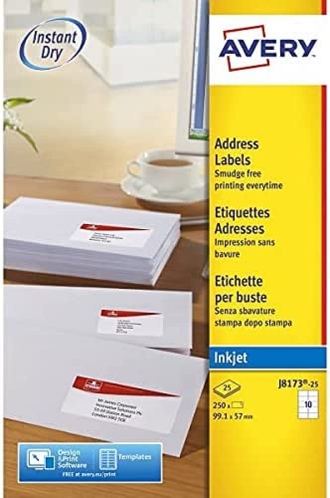 Avery J8173‑25 Address Labels – 250 Self‑Adhesive Labels (99.1 × 57 mm) on 25 A4 Sheets | QuickPEEL™ Inkjet Mailing & Shipping Stickers
