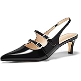 Coutgo Womens Slingback Kitten Heels Mary Jane Pumps Closed Pointed Toe Buckle Strap Wedding Dress Shoes