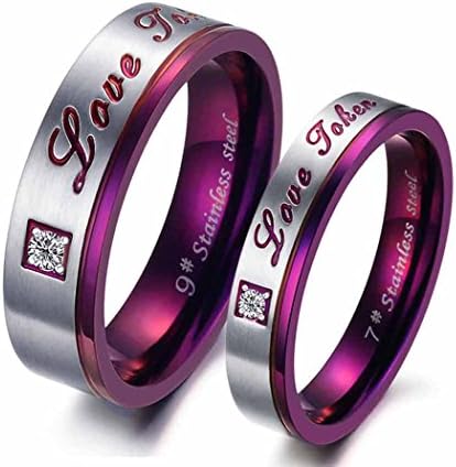 Arce Fashion Men's Women's Stainless Steel"Love Token"Engraved Rhinestones Couple Rings Wedding Bands,Silver and Purple(men9)