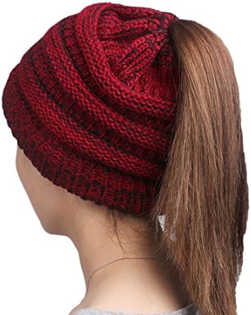 HOSONG Womens Ponytail Cap Warm and Soft Beanie Knitted Hat (One Size, Black + Red)