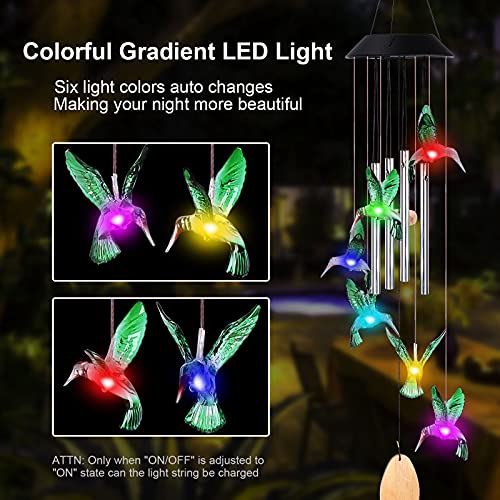 Hummingbird Solar Wind Chimes for Outside, LiveGo 32 Inch Large Waterproof Hanging Memorial Windchimes with LED Color Changing Light for Mother Grandma Home Garden Decor, Silver
