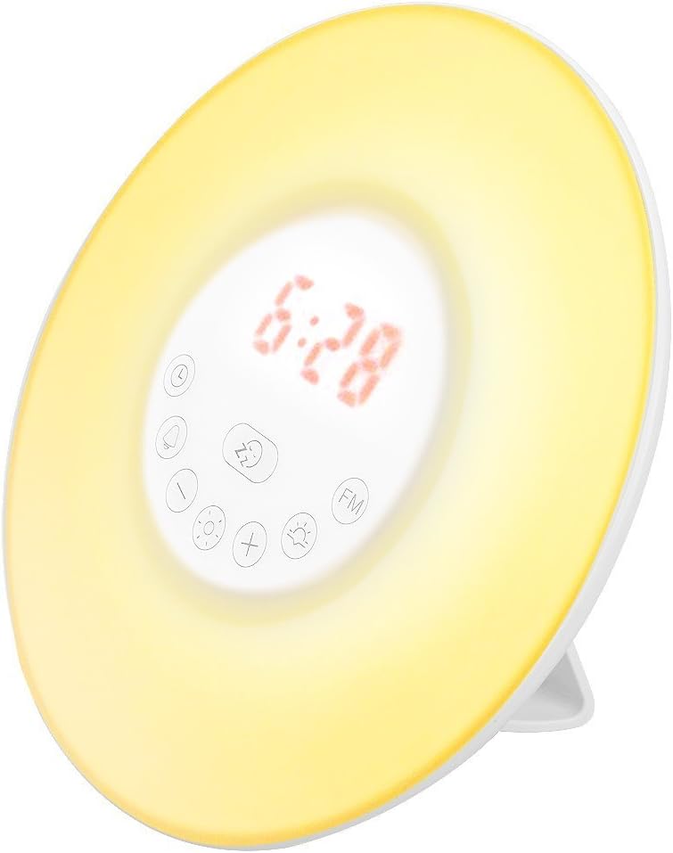 QPAU Wake-up Light, [ Updated Version] Colored Sunrise Simulation Alarm Clock, 5 Brightness Mode Bedside Night Light, Morning Wake-up Alarm Light W 7 Natural Alarm Sounds & FM Radio, Touch Control