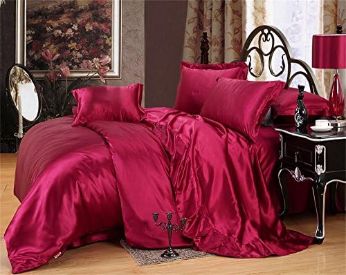MoonLight Bedding Luxurious Ultra Soft Silky Satin 4-Piece Bed Fitted Sheet with Duvet Cover Set Cal-King, Burgundy