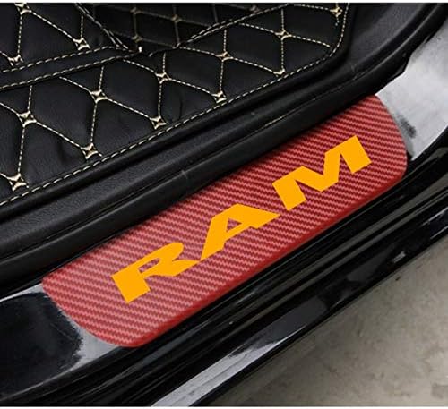 SENYAZON RAM Sticker Carbon Fibre Vinyl Reflective Car Door Sill Decoration Scuff Plate for Dodge RAM Accessories (red&Orange)