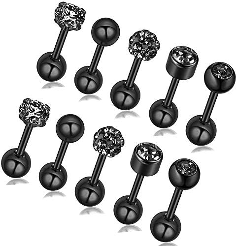 5 Pairs Stainless Steel Stud Earrings Round Ball Studs Cubic Zirconia Barbell Earring Set Helix Piercing for Tragus Cartilage Ear, 5 Styles, Black