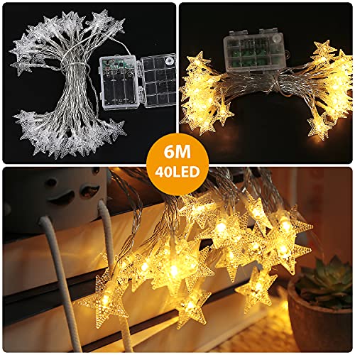 Guirnalda de Luces, Guirnalda Luces Pilas, 6M 40LED Luces Estrellas de Hadas a Pilas, Impermeable 8 Modos Luces LED Pilas con Control Remoto, Luces Cadena para Navidad Decoración Interior Bodas Fiesta