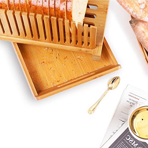 Premium Bamboo Bread Slicer with Serrated Knife Crumb Tray for Homemade Bread Foldable and