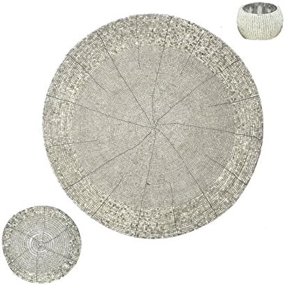 DakshCraft 1 Beaded Round Ethnic Placemat/Tablemat(Dia - 12") with 1 tea cup coaster(Dia - 4") and 1 napkin ring(Dia -1.5") for Christmas Gift, Decorative Item, Gifts Purpose, dining accessories