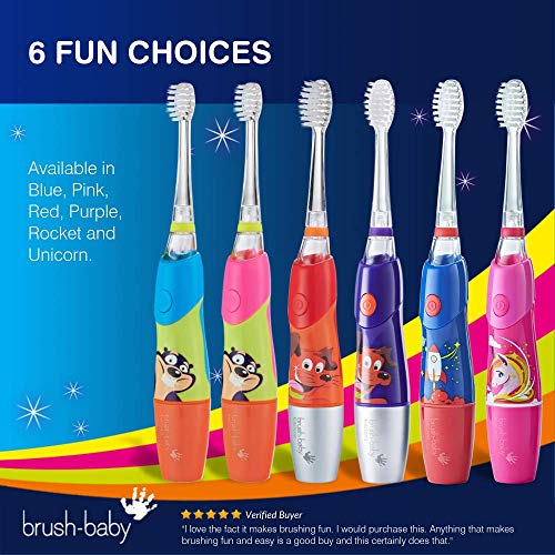 Brush Baby KidzSonic Toddler and Kid Electric Rocket Toothbrush for Ages 3+ Years - Disco Lights, Gentle Vibration, and Smart Timer Provide a Fun Brushing Experience - (2) 3+ yrs with Brush Heads