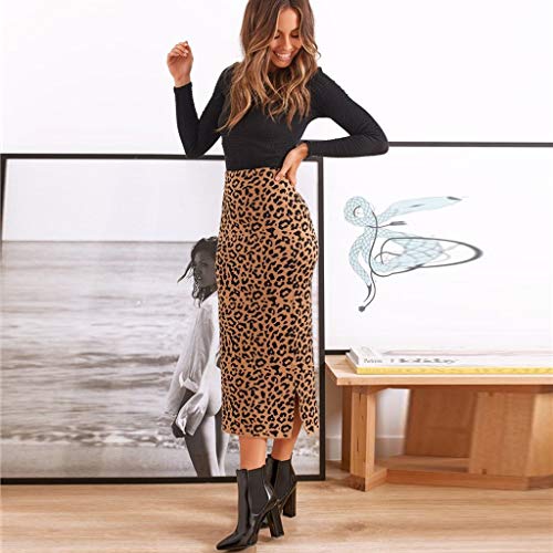Sanyyanlsy Ladies Autumn Winter Fashion Sexy Empire Waist Leopard Print Slit Mid-Calf Skirt Evening Party Pencil Skirt Coffee - Thumbnail 3