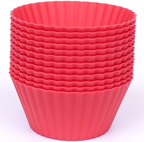 Silicone Cupcake Liners - Set Of 12 Premium Reusable Red BPA-Free Muffin Baking-Cups In Storage Container.